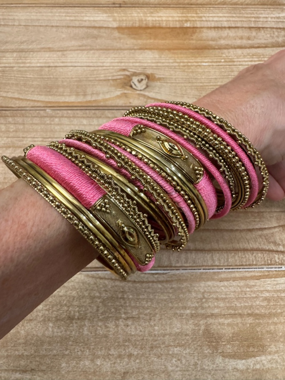 Vintage Pink Silk Wrapped Gold Bangle Stack Set • New Old Stock • Boho Luxe